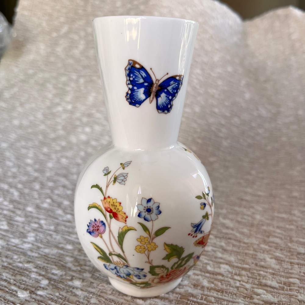Aynsley Cottage Garden Fine Bone China Bud Vase Blue Butterfly Floral England